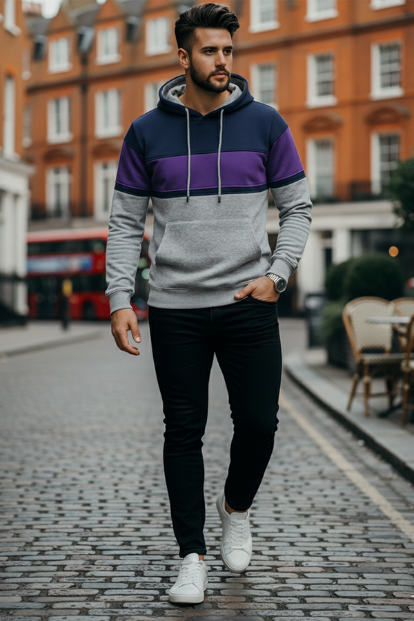 Three-Color Panel Hoodie | Leon – Navy / Purple / Light Gray