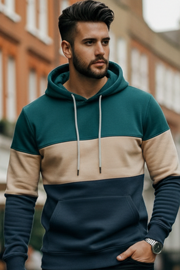 Sweatshirt with Tri-Color Panel | Szymon – Blue-Green / Cream / Navy
