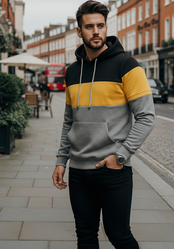 Sweatshirt with Tri-Color Panel | Kacper – Black / Yellow / Gray