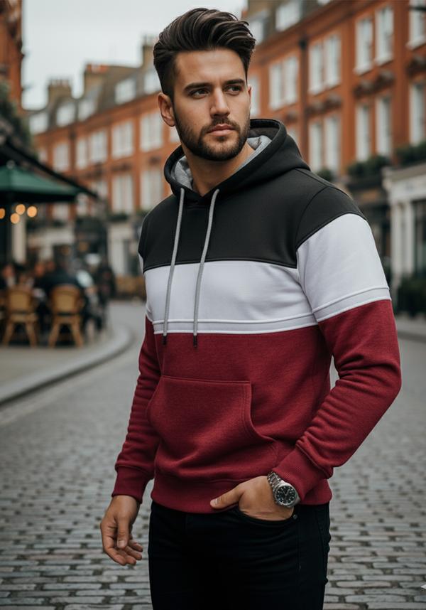 Sweatshirt with Tri-Color Panel | Damian – Black / White / Burgundy