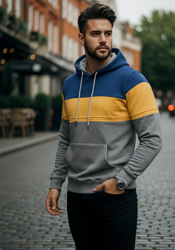 Three-Color Panel Hoodie | Marcel – Blue / Yellow / Light Gray