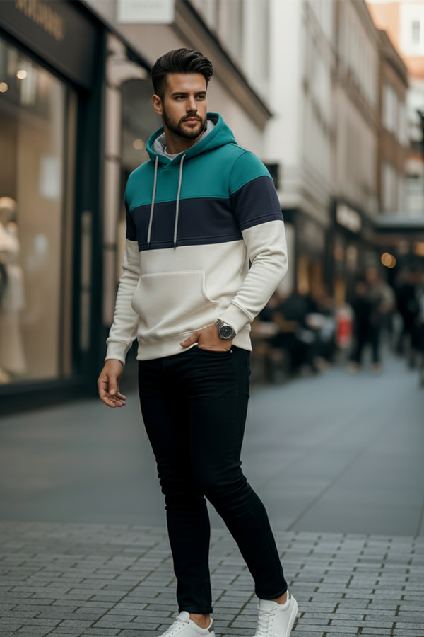Sweatshirt with Tri-Color Panel | Oskar – Blue-Green / Navy / White