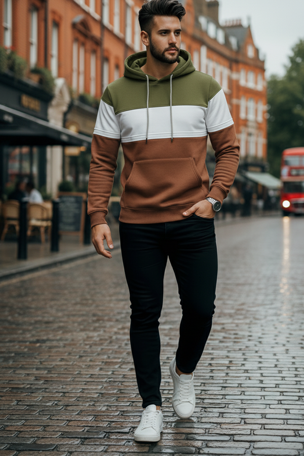 Three-Color Panel Hoodie | Tobiasz – Olive / White / Brown