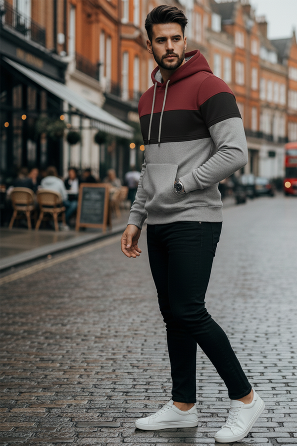 Sweatshirt with Tri-Color Panel | Patryk – Burgundy / Black / Light Gray