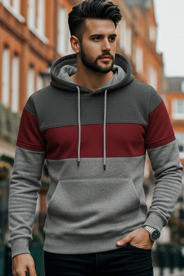 Three-Color Panel Hoodie | Fabian – Dark Gray / Burgundy / Light Gray